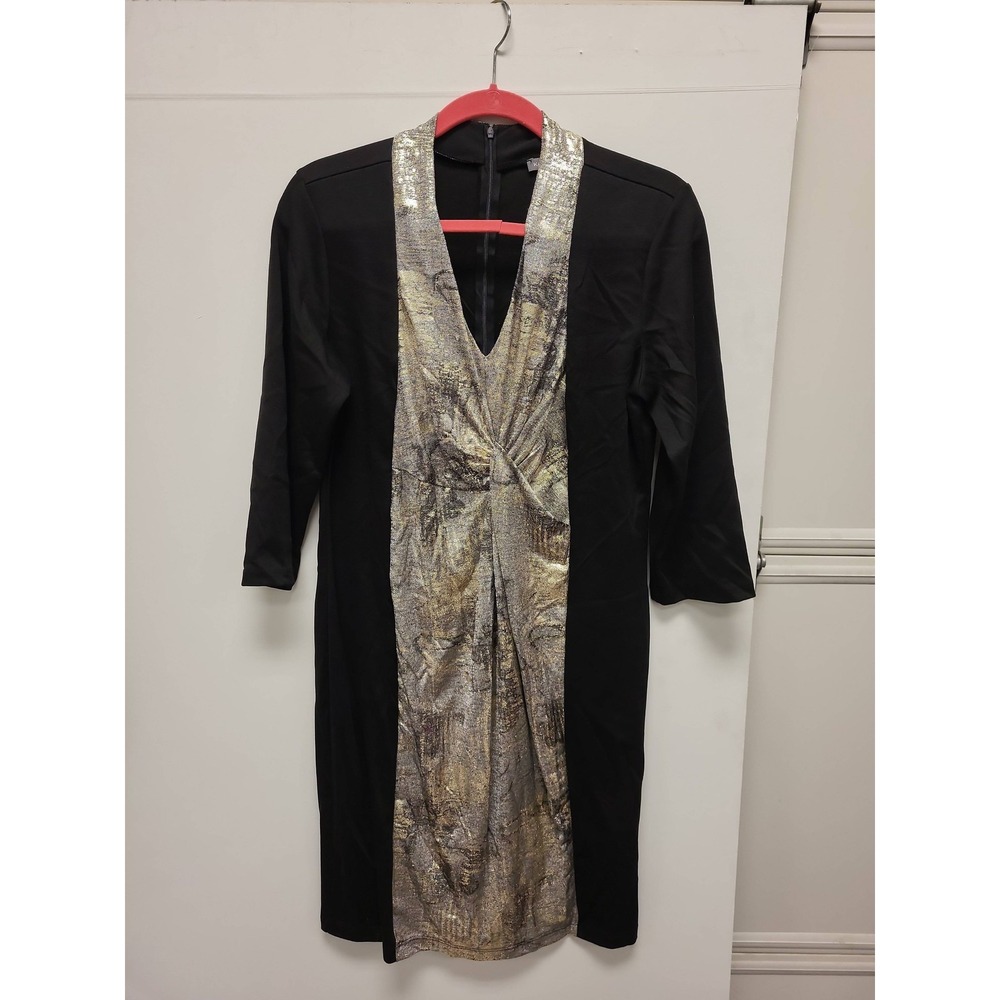 Kate Mallory‎ Dress Womens L Black Gold Metallic Party Career Cocktail USA